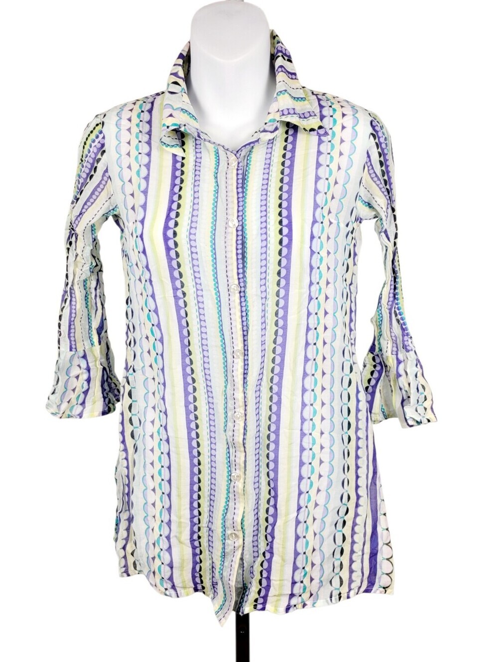 Y2K XOPA 70% Silk White & Purple Buttons Down Shirt Size: XS